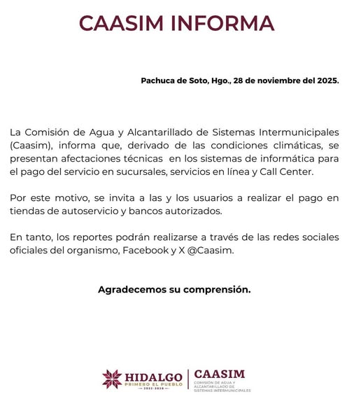 Sistemas de pago de la Caasim presentan fallas debido al clima