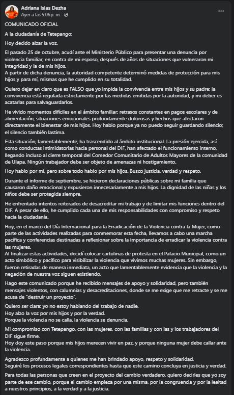Publicación del muro de Facebook de Adriana Islas exponiendo las situaciones de violencia ejercidas por el alcalde de Tetepango
