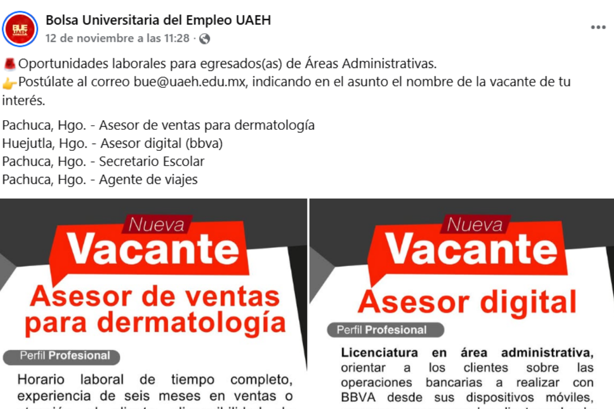 Comunicado de nuevas opciones de trabajo emitido por la UAEH.