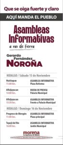 El senador Gerardo Fernández Noroña visitará Huichapan, Alfajayucan, Progreso de Obregón y Tepeji del Río para encabezar asambleas informativas programadas por Morena dentro de su gira llamada “Aquí manda el pueblo”