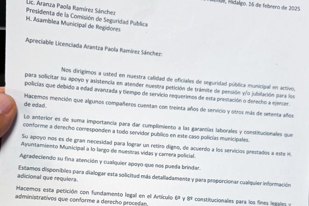 El 16 de febrero de 2025, los policías entregaron el escrito a la regidora Aranza Paola Ramírez 