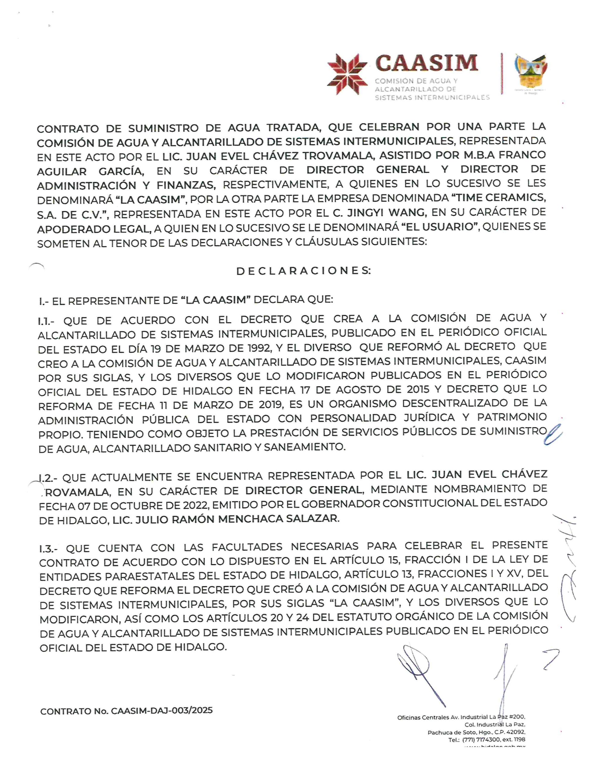 Time Ceramics aseguró que cuenta con un contrato vigente con la Caasim, el cual se actualiza anualmente