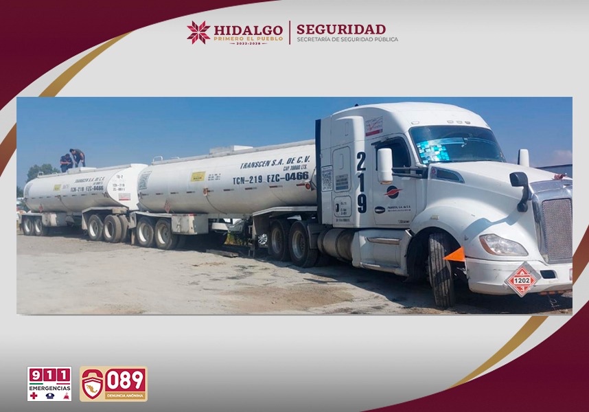 Operativo de la SSPH en Singuilucan para asegurar tractocamión robado y 60 mil litros de hidrocarburo