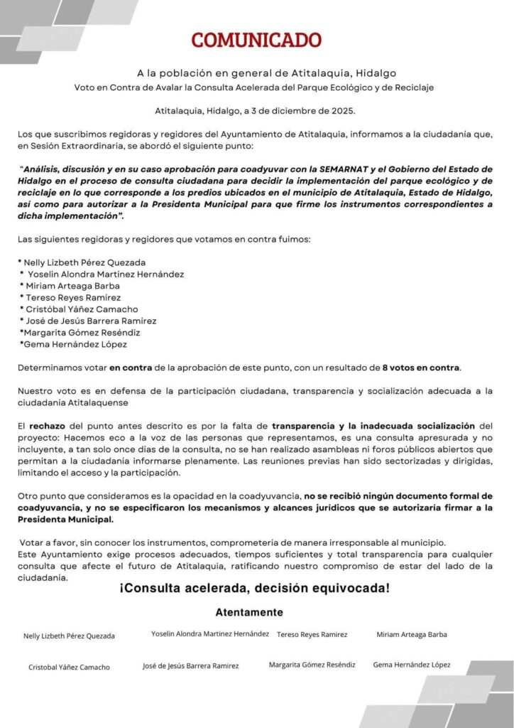 Regidores de Atitalaquia están inconformes con la consulta del Parque Ecológico