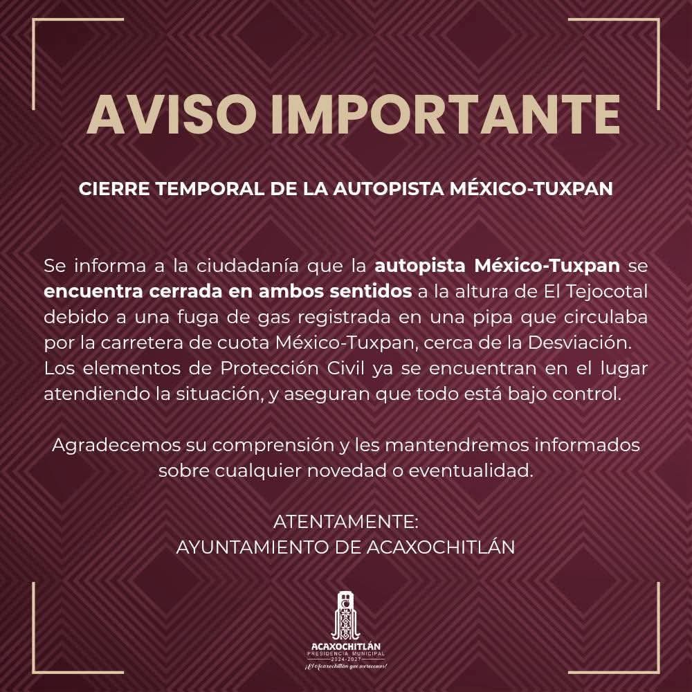 El Ayuntamiento de Acaxochitlán emitió un comunicado confirmando que Protección Civil se encuentra en el lugar