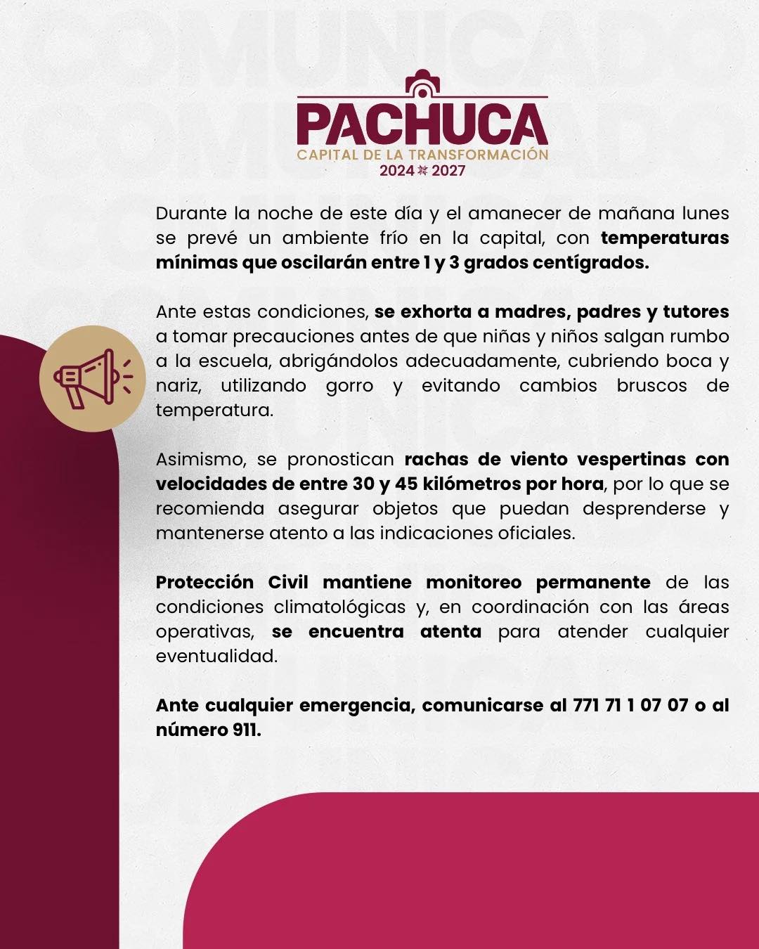 Autoridades de Pachuca recomiendan extremar cuidados por bajas temperaturas 