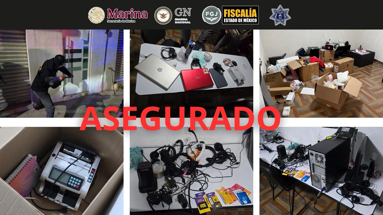 Equipos tecnológicos asegurados en el presunto call center clandestino de Ecatepec