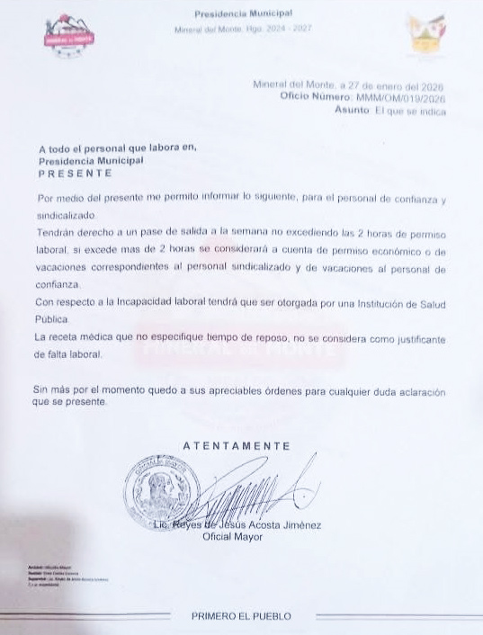 El oficio MMM/OM/019/2026 fue firmado por el Oficial Mayor, Reyes de Jesús Acosta Jiménez