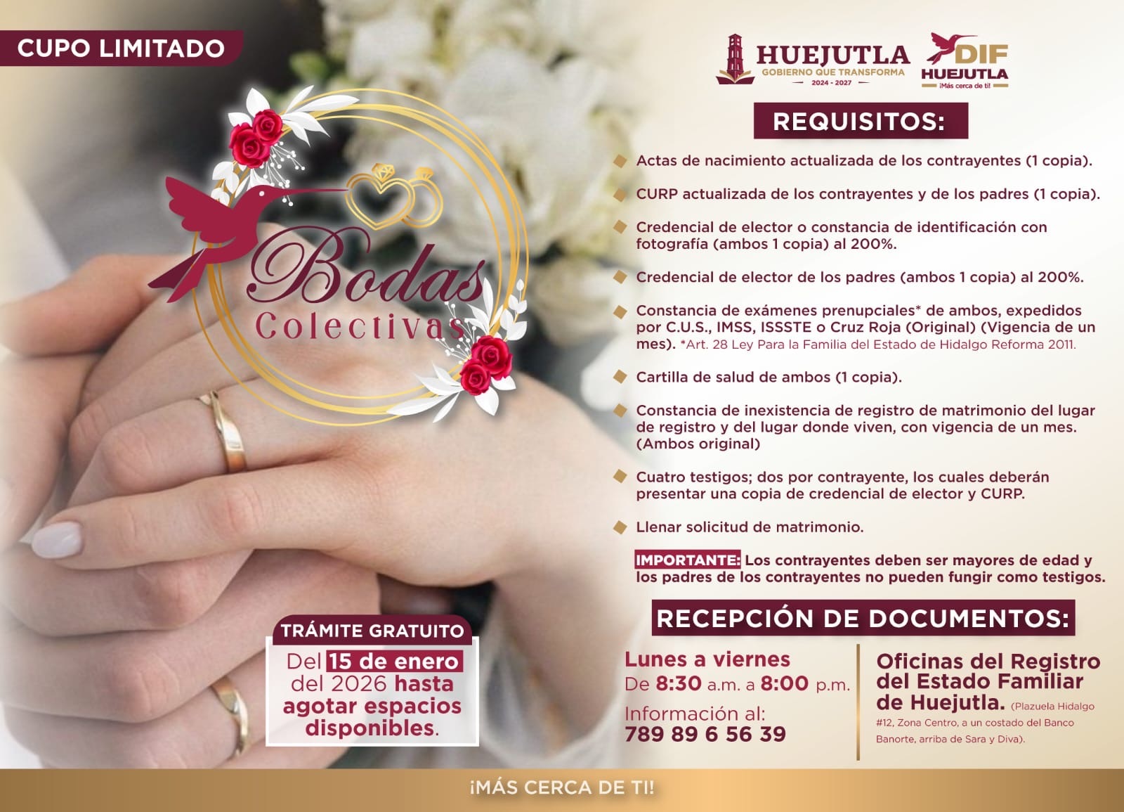 El DIF Huejutla abrió la convocatoria para participar en las Bodas Colectivas 2026