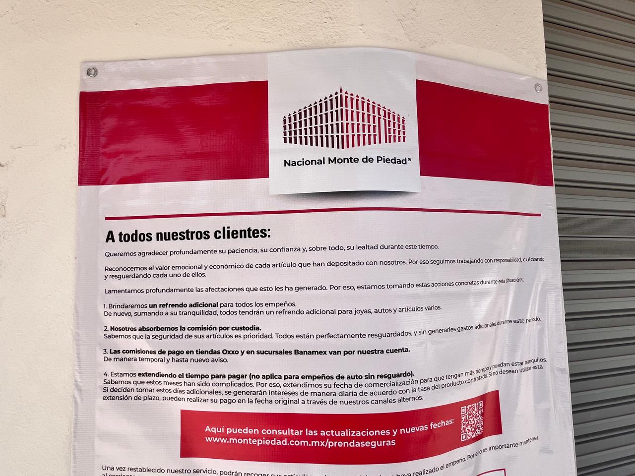 El Nacional Monte de Piedad reiteró que, una vez que se restablezca el servicio, los usuarios podrán recoger sus artículos en la misma sucursal donde realizaron el empeño