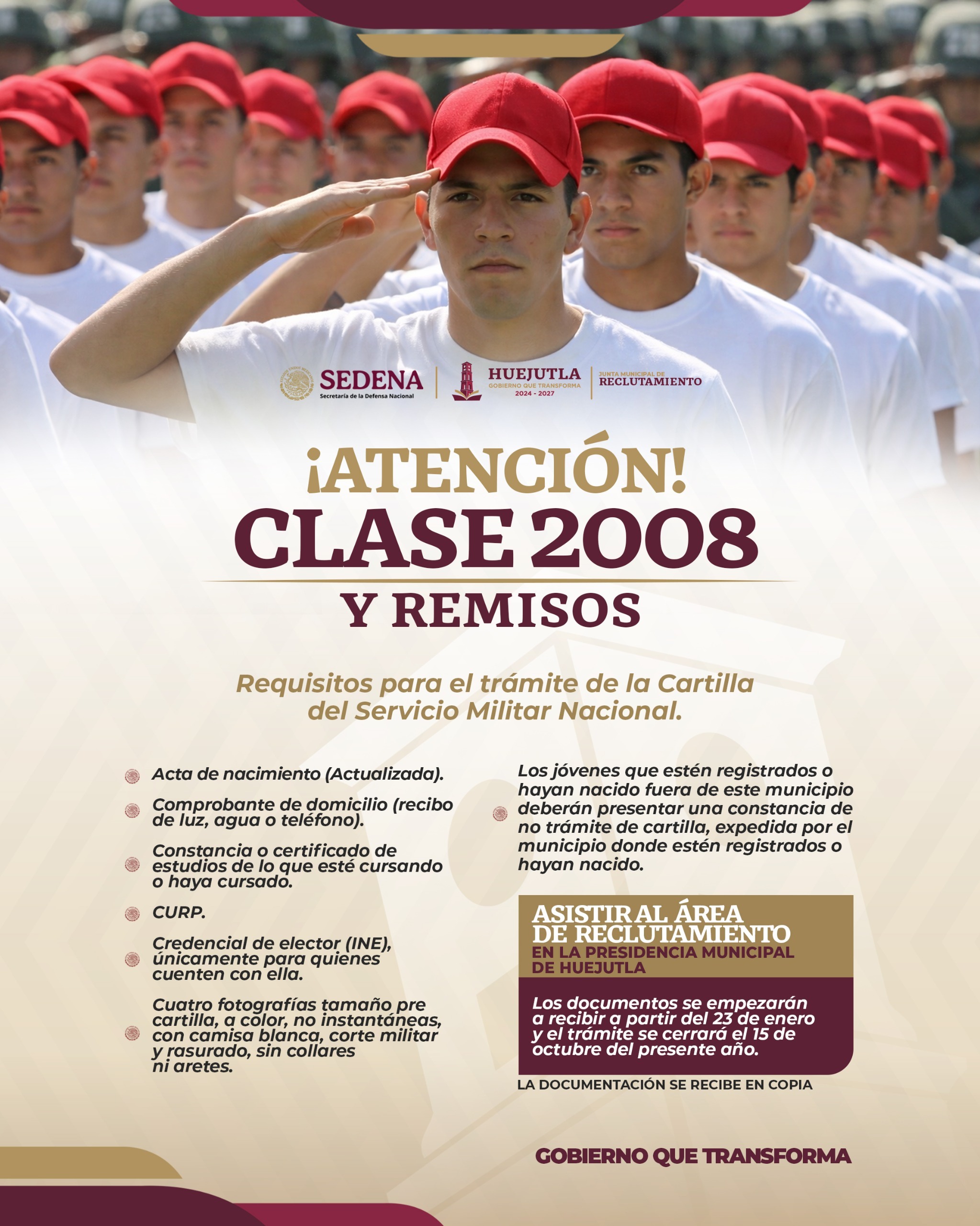 El Gobierno Municipal de Huejutla informó el inicio de la recepción de documentos para el trámite de la Cartilla del Servicio Militar Nacional, dirigido a jóvenes de la Clase 2008