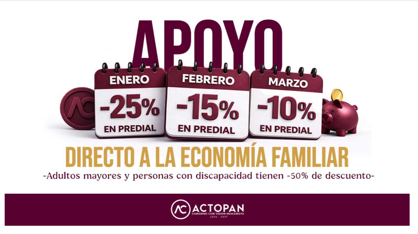 Descuento del 25% en enero y del 15% en febrero para el pago puntual del predial en Actopan