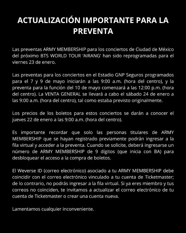 Los conciertos de BTS en México 2026 tendrán preventa exclusiva para miembros ARMY