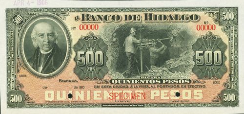 Billete de 500 pesos emitido por el Banco de Hidalgo