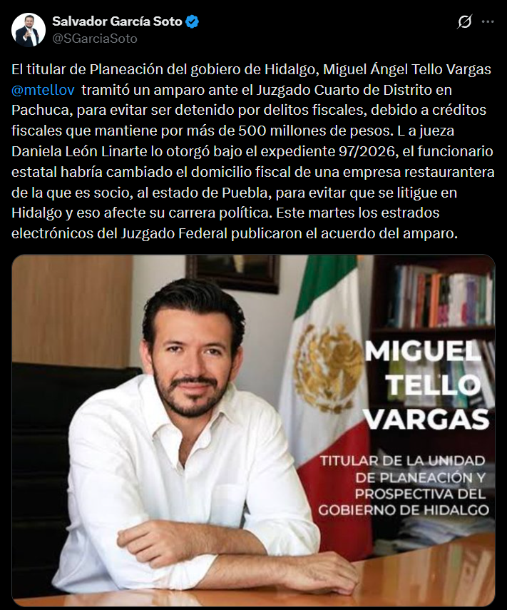 Miguel Tello, titular de la Unidad de Planeación y Prospectiva del gobierno de Hidalgo, rechaza estar involucrado en un amparo judicial por adeudos fiscale
