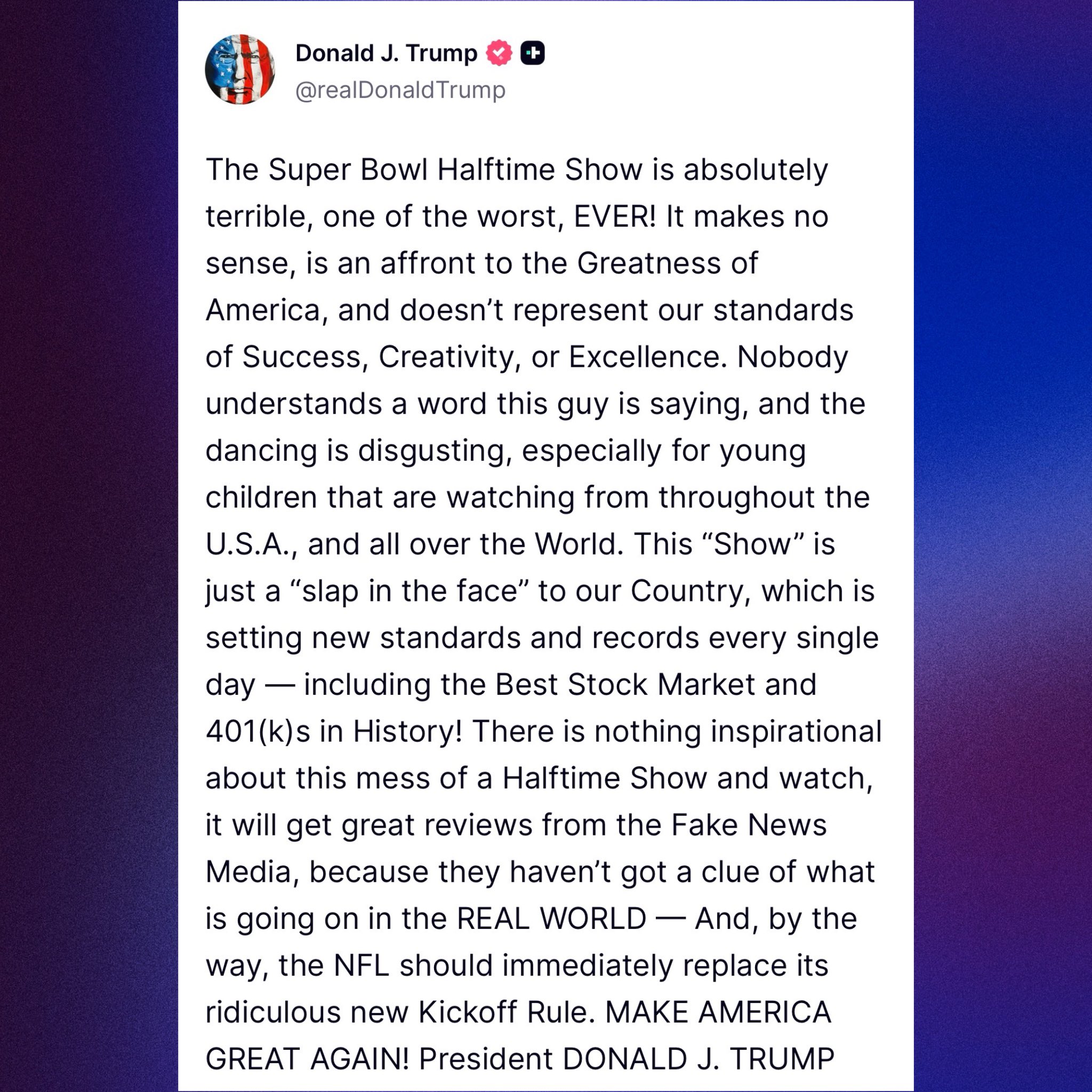 Donald Trump expresa su desagarado hacia el medio tiempo del SuperBowl 2026