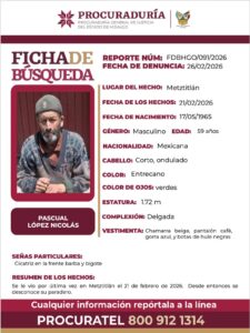 Como parte del protocolo por desaparición en Metztitlán, la PGJEH detalló las características físicas y la vestimenta del hombre de 59 años para agilizar su identificación en la región