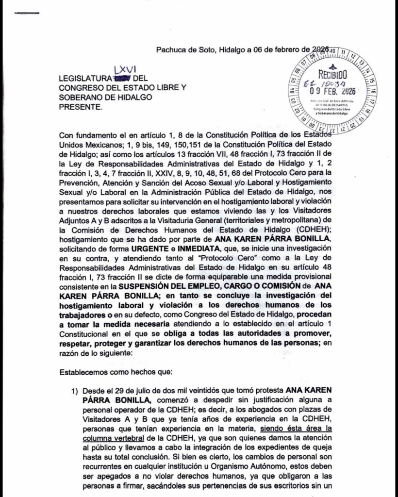 Los trabajadores inconformes ingresaron un oficio ante el Congreso de Hidalgo