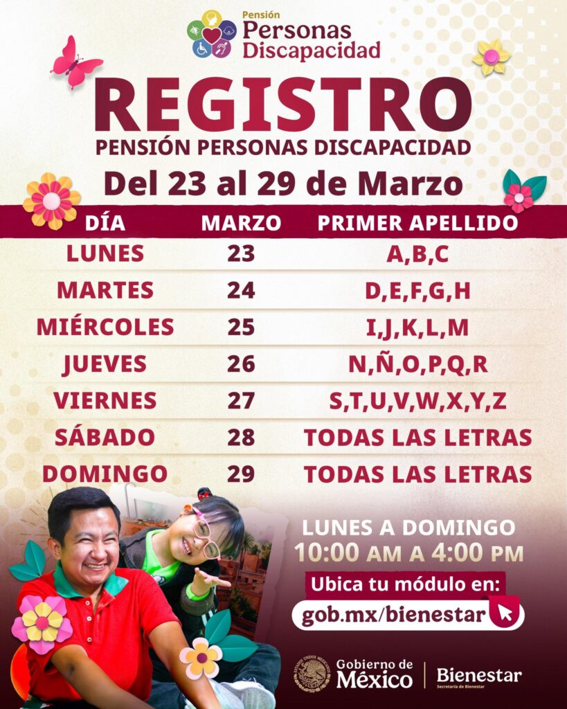 Autoridades informan fechas de registro de la Pensión Bienestar para personas con discapacidad