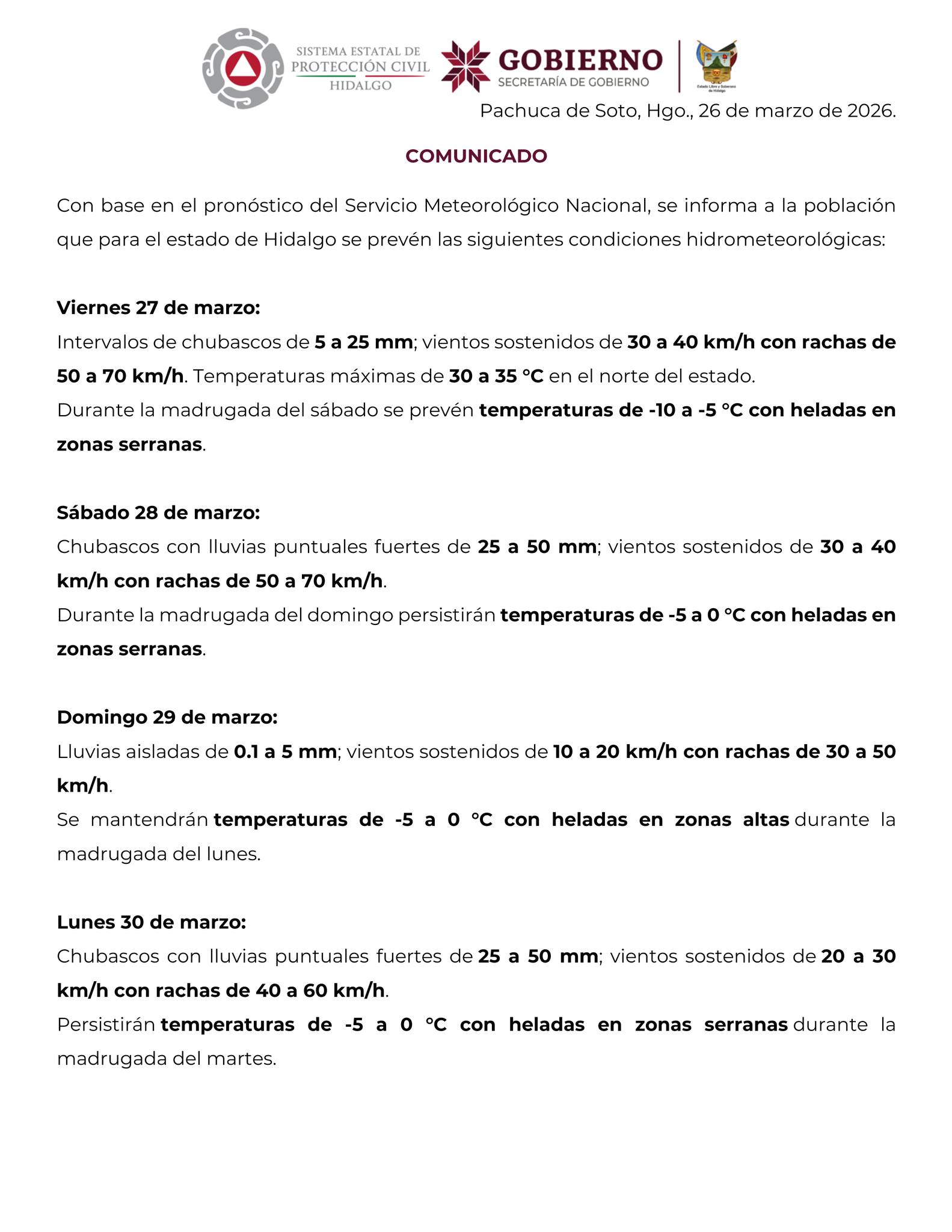 Las bajas temperaturas en Hidalgo afectarán principalmente a las zonas serranas