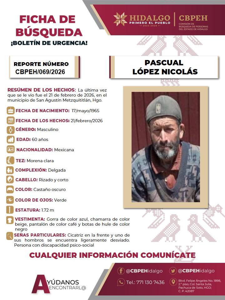 Pascual López Nicolás, de 60 años de edad, quien fue visto por última vez el pasado 21 de febrero 