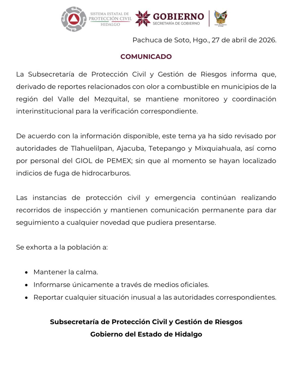 Autoridades mantienen monitoreo tras reportes de olor a combustible en la región