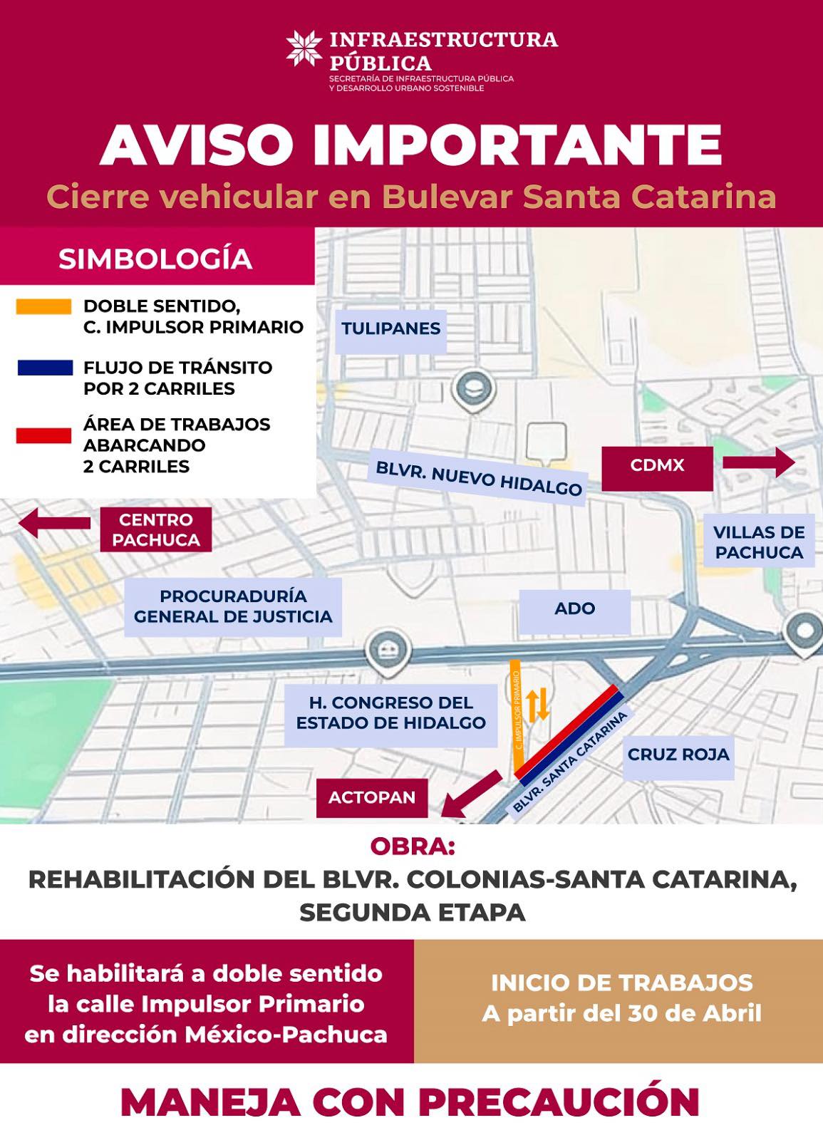 La segunda etapa de la rehabilitación del Bulevar Santa Catarina en Pachuca comienza el 30 de abril.