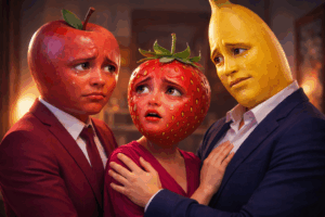 El fenómeno de las Frutinovelas se intensifica: una historia de amor entre frutas, un plátano desconsolado y una fresa que parece tener todo bajo control