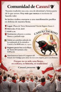 Habitantes de Caxuxi Hidalgo convocaron a una movilización pacífica para respaldar la continuidad del evento Caxuxi Taurino 2026, considerado uno de los más representativos de la región