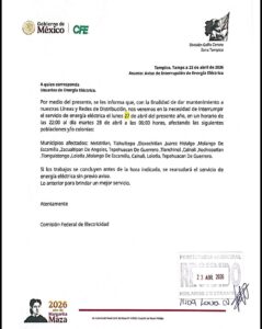 La CFE realizará trabajos de mantenimiento que provocarán la interrupción del servicio en diferentes municipios de Hidalgo.