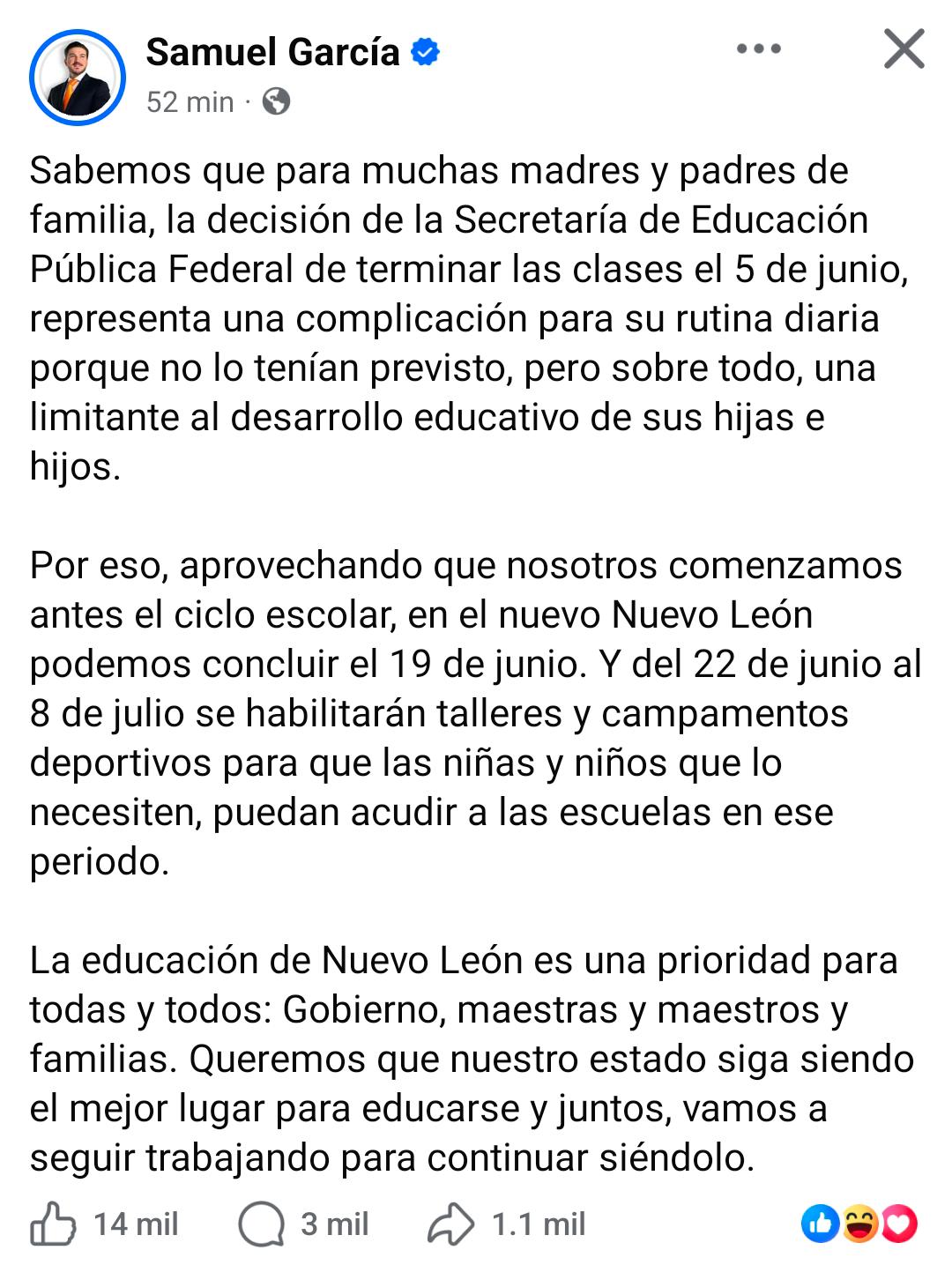 Samuel García mantiene el ciclo escolar hasta el 19 de junio, argumentando que adelantar el cierre afectaría el desarrollo educativo y la rutina de las familias en Nuevo León