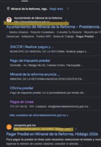 El sitio web falso relacionado con el pago del predial en Hidalgo utilizaba elementos gráficos y logotipos para aparentar ser una plataforma oficial del ayuntamiento de Mineral de la Reforma