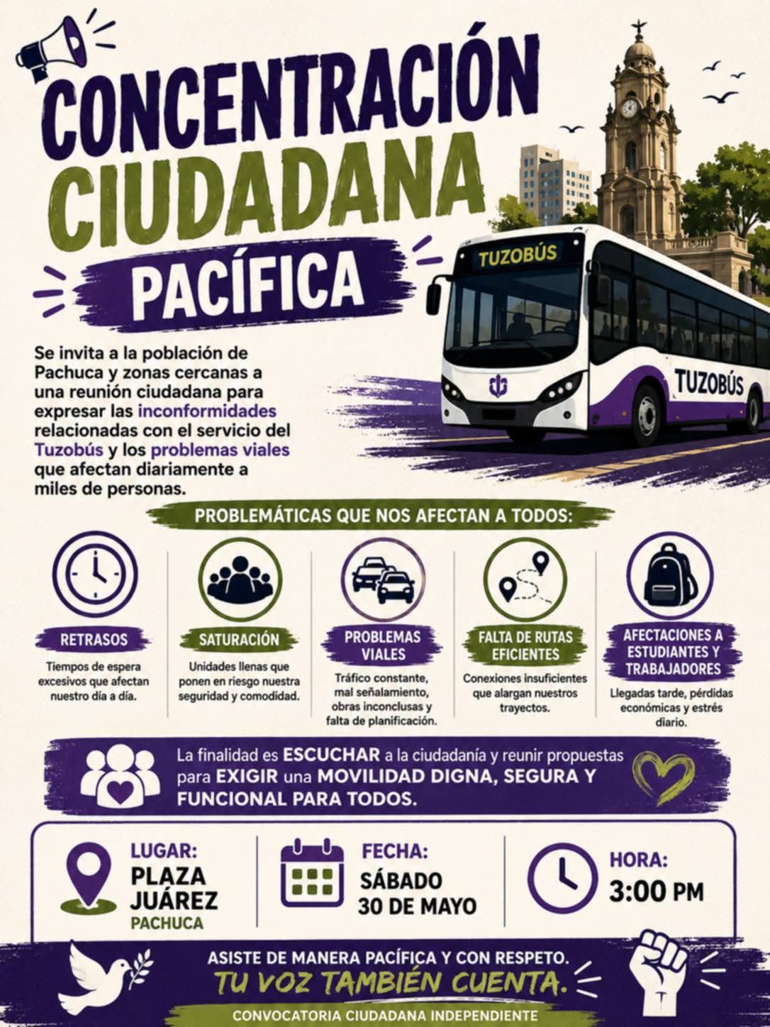 Usuarios del Tuzobús convocaron a una concentración pacífica en Plaza Juárez, Pachuca.
