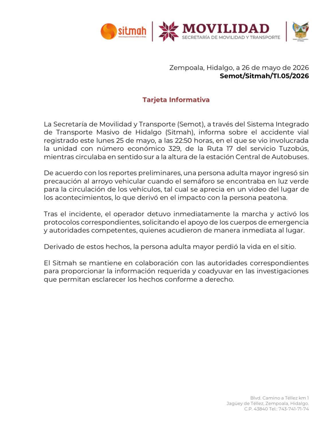 La unidad 329 del Tuzobús estuvo involucrada en el accidente donde perdió la vida un adulto mayor.