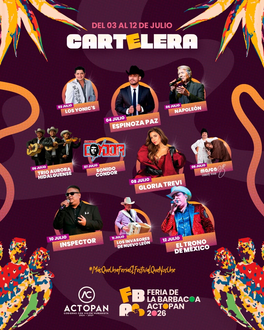 Cartelera artística de la feria, con Espinoza Paz y Gloria Trevi.