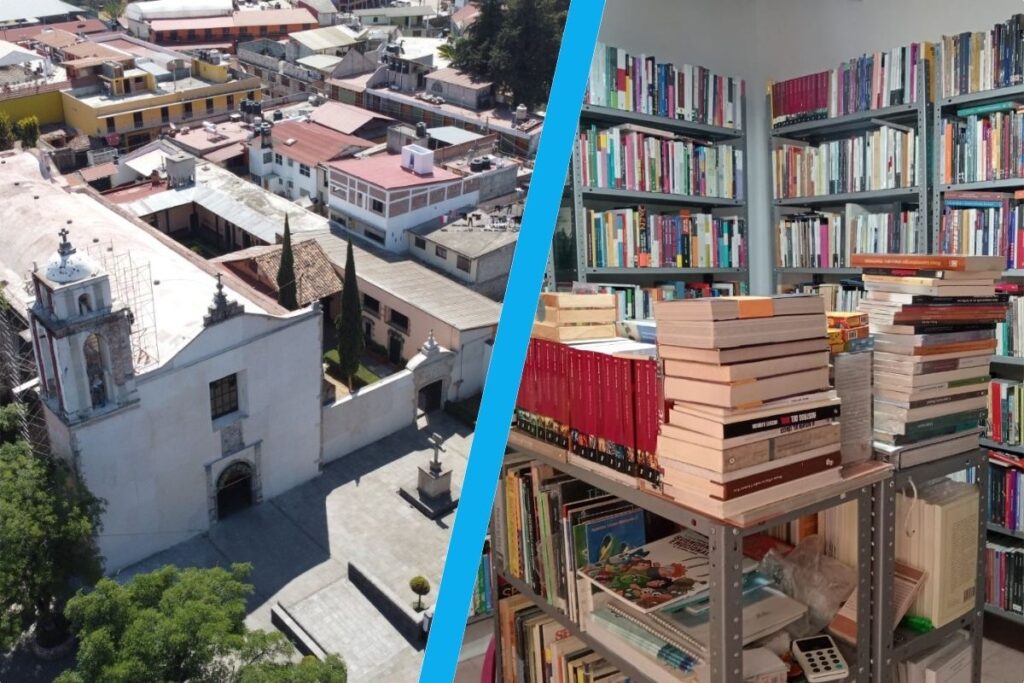 Imagen dividida en dos: en la primera mitad, la panorámica de Huasca de Ocampo, a la altura de la iglesia de San Juan Bautista; en la otra mitad hay varios libros apilados y estantes llenos de ejemplares