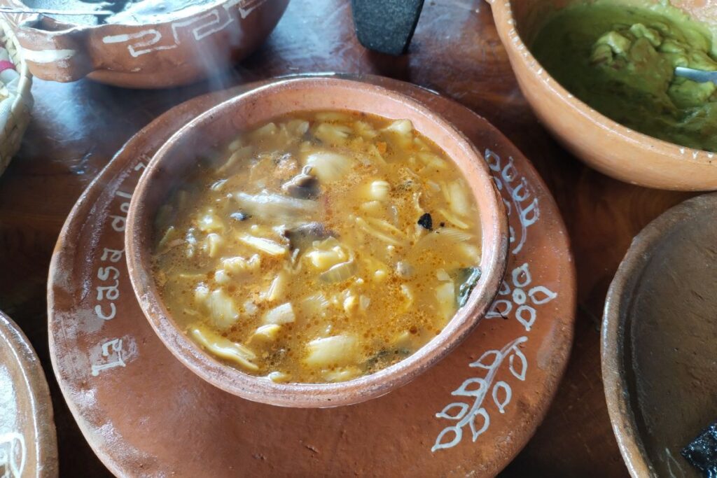Detalle de un plato con sopa hecha con hongos recolectados en Tres Cañadas, Omitlán