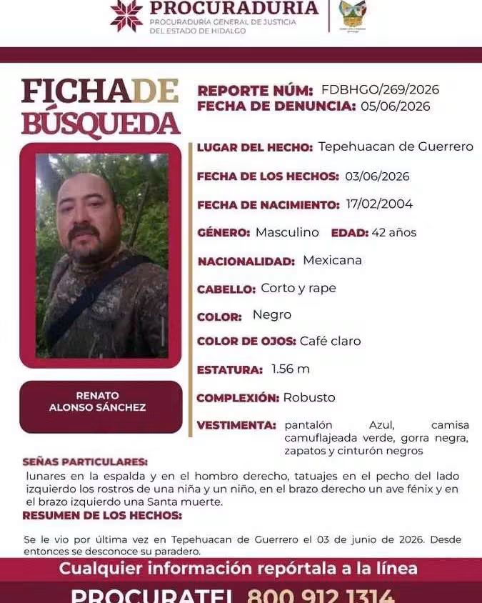 Ficha de búsqueda de Renato Alonso Sánchez, desaparecido en Tepehuacán de Guerrero