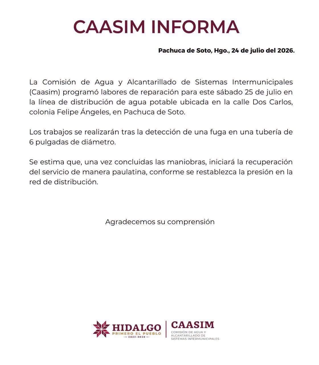 CAASIM explicó que el servicio regresará de manera gradual una vez concluida la reparación.