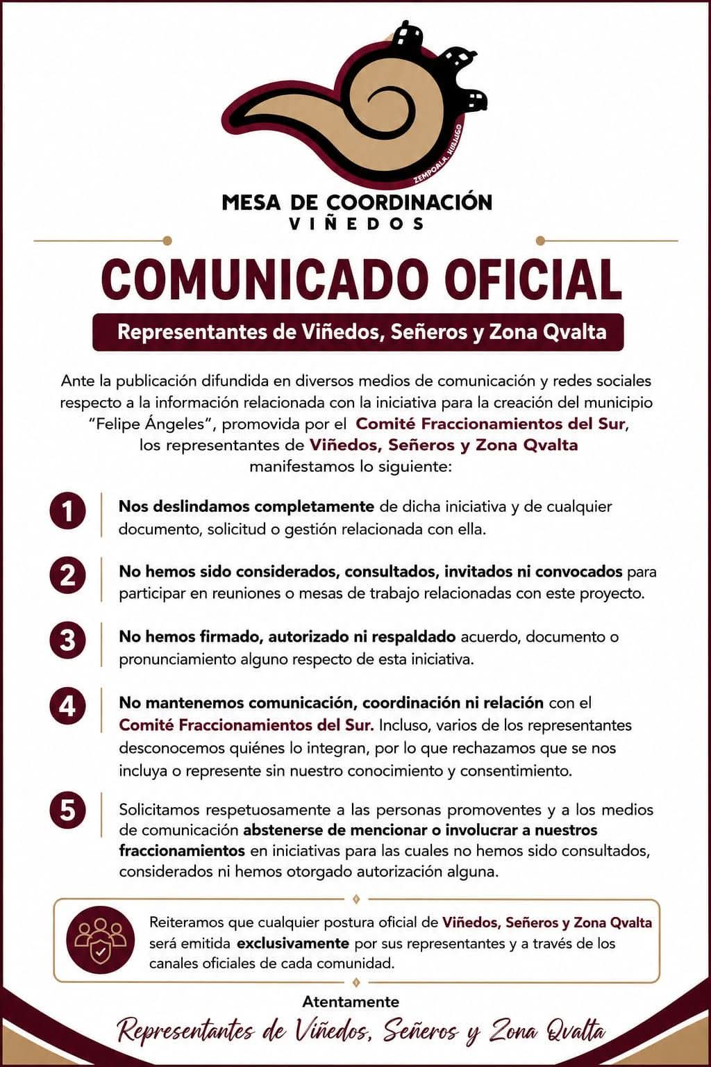 Vecinos de Viñedos, Señeros y Zona Qvalta se deslindan de propuesta para crear el municipio 85 en Hidalgo